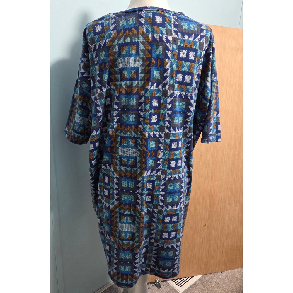 LuLaRoe Carly Dress Medium Blue Geometric Southwestern Print Short Sleeve M - Picture 3 of 5